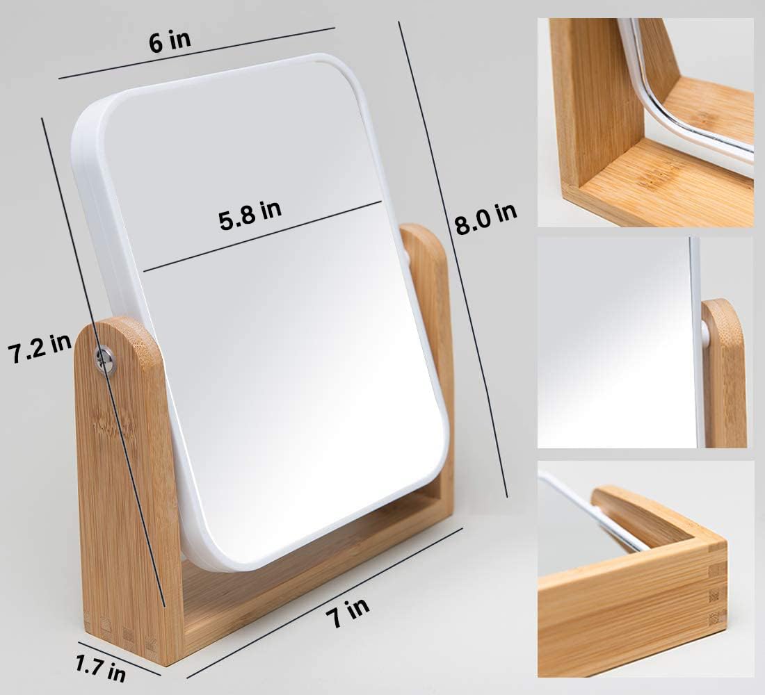 YEAKE Vanity Makeup Mirror with Natural Bamboo Stand, 8 Inch Double Sided 360 Degree Swivel Magnifying Mirror for Table, Desk, Countertop Shaving Make