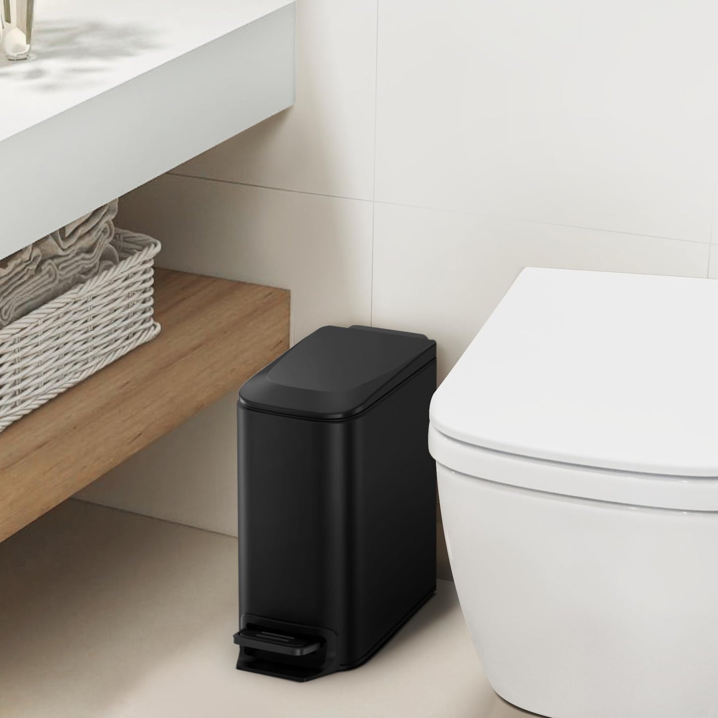Cesun Small Bathroom Trash Can with Lid, Soft Close Step Pedal, 6L/1.6 Gal Stainless Steel Garbage Bin with Removable Bucket, Matte Black