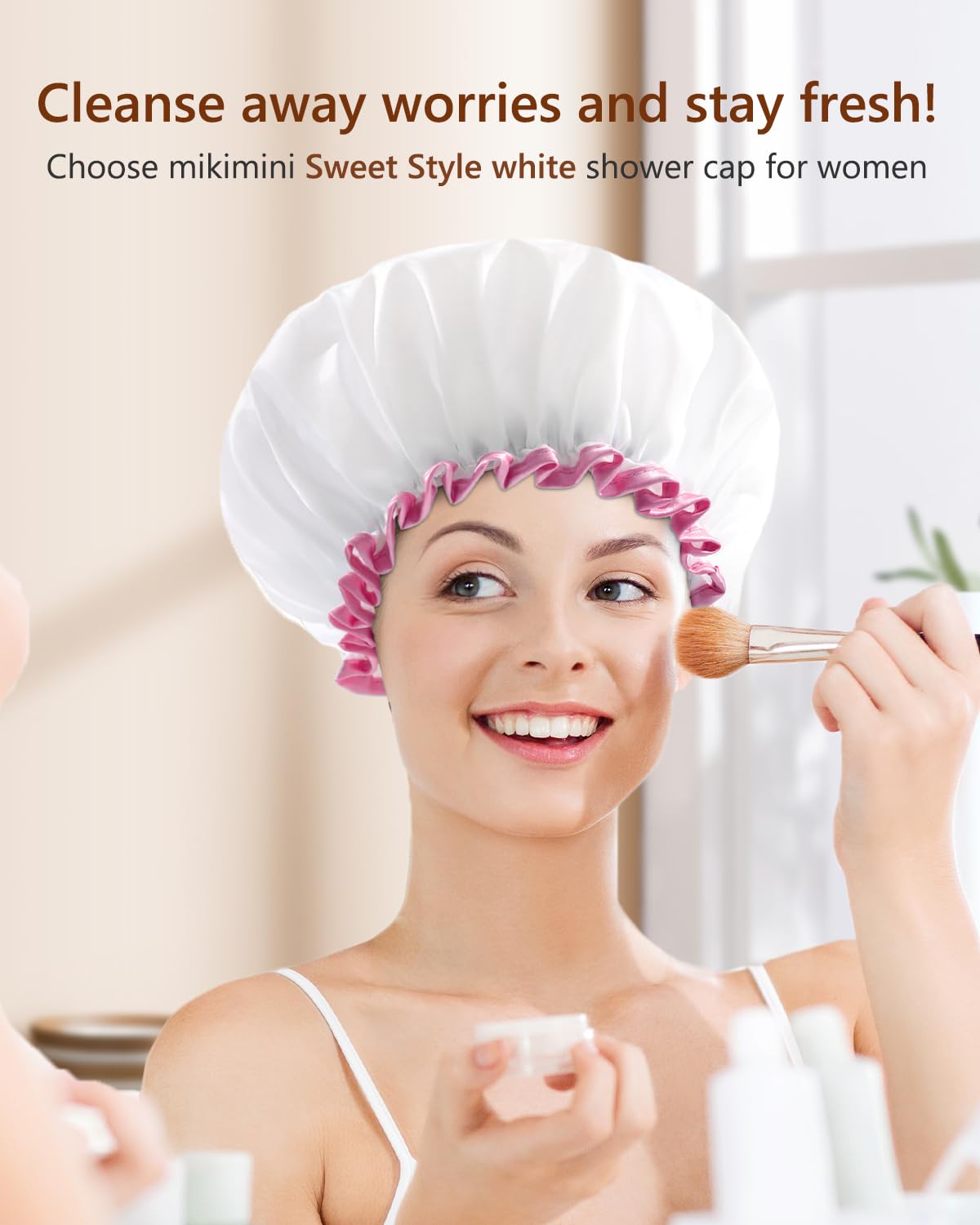 mikimini White Shower Cap Waterproof Reusable, Double Layers Bathing Hair Cap with Soft Comfortable PEVA Lining, Cute, Non-fading & Stretchy Shower