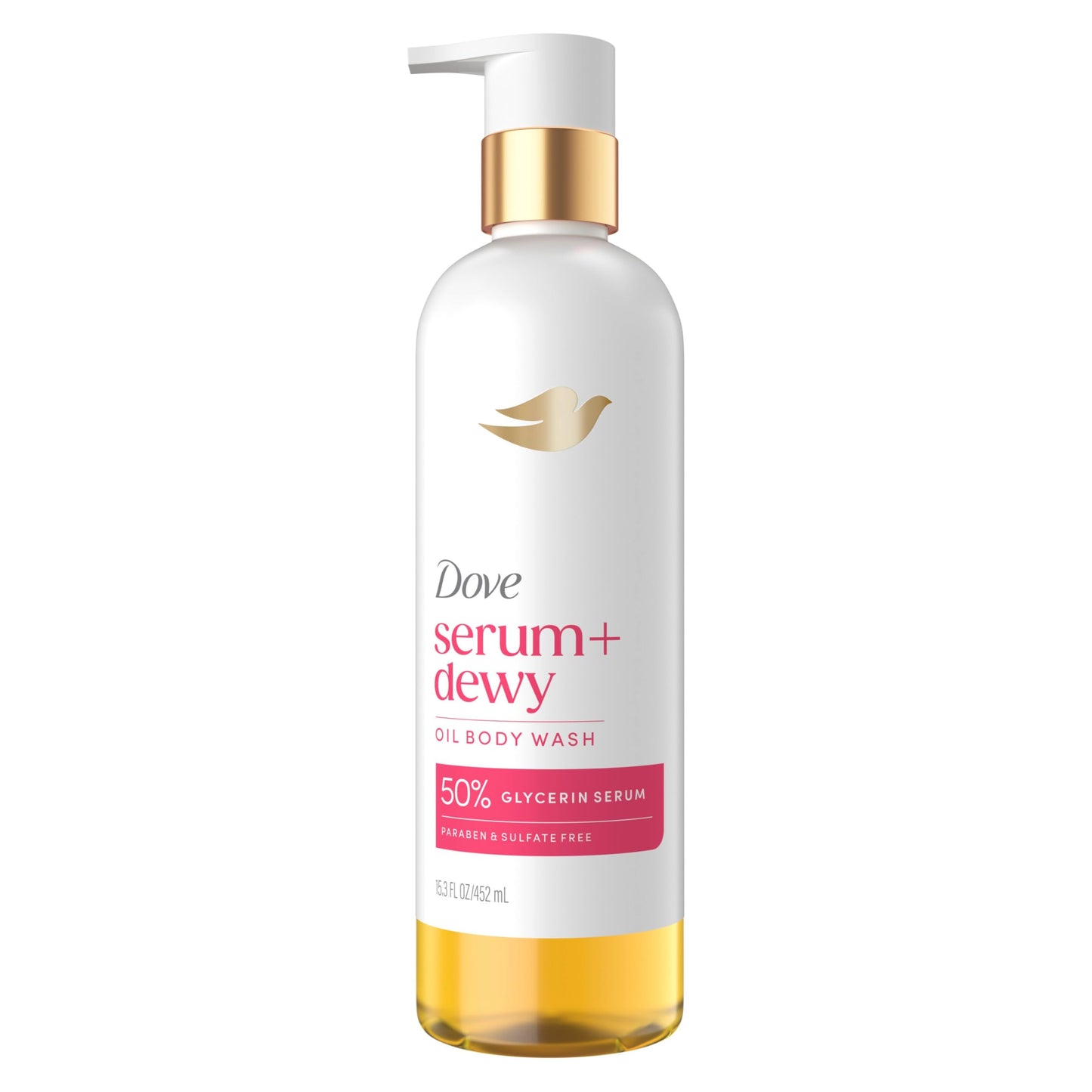 Dove Serum+ Shower Oil Body Wash with Coconut & Geranium Oil, Dewy Hydrating Cleanser for Soft Skin, 15.3 fl oz