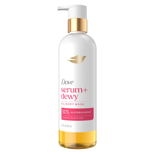Dove Serum+ Shower Oil Body Wash with Coconut & Geranium Oil, Dewy Hydrating Cleanser for Soft Skin, 15.3 fl oz
