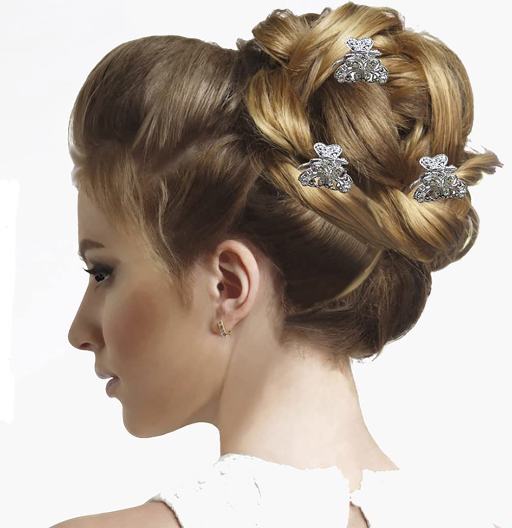 JCGY Set of 6 Mini Hair Claws Silvery White Trim Sparkly White Crystals Bridal Claw Clips 6-1-6