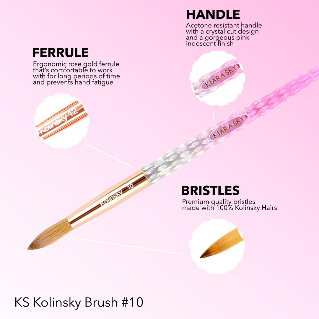Kiara Sky Kolinsky Acrylic Nail Brush #10 - Pure Kolinsky Sable Hair, Pink Crystal Handle, Acetone Resistant, for Acrylic Application, Extensions & 3D Beauty & Personal Care KIARA SKY