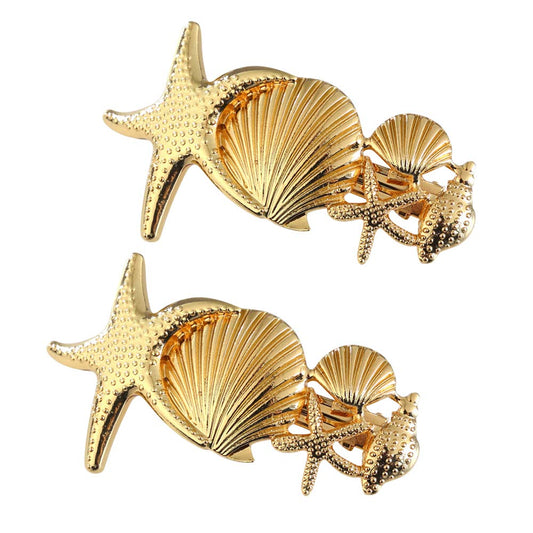 2 Pack Metal Starfish Shell Hair Clips French Barrettes Pins Slides Stylish for Women Girl Gold or Silver Hair Jewelry Accessories (Gold)