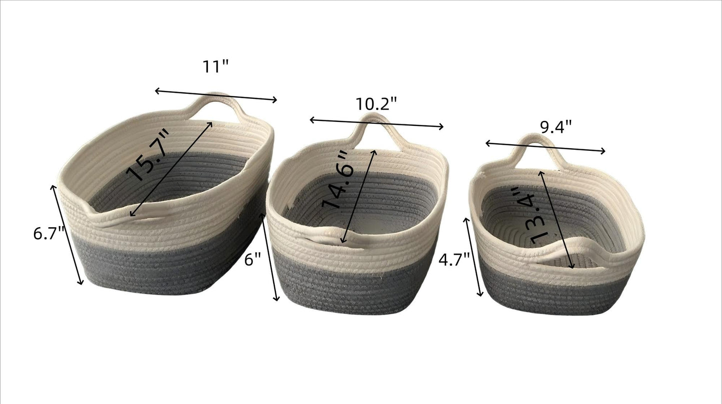 SDFUMAO Cotton Rope Storage Baskets Set of 3, Grey & White Woven Bins with Handles - Soft, Durable, and Versatile for Laundry, Toys, Blankets…