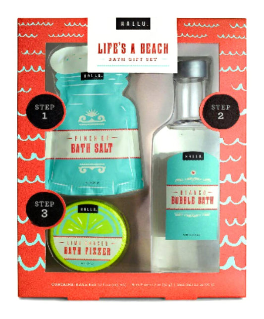 (1) Hallu Life’s a Beach Bath Gift Set -Set Includes 7.2 oz Blanco Bubble Bath, 1.7 oz Lime Chaser Bath Fizzer, and 2.1 oz Pinch of Bath Salt