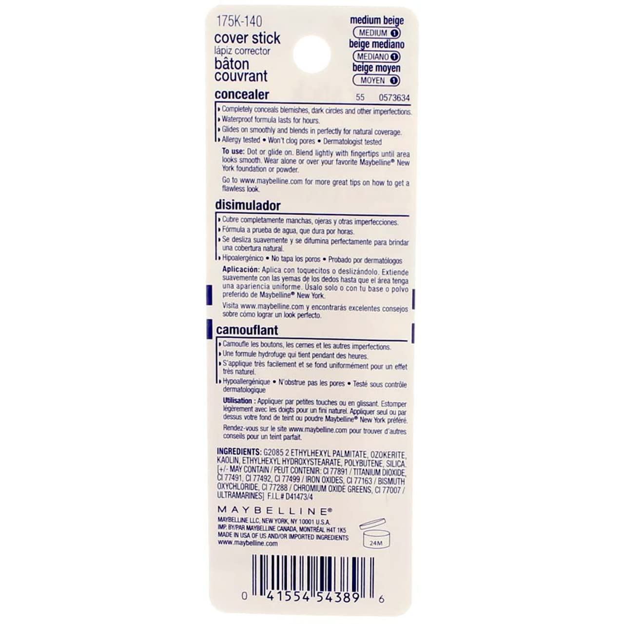Maybelline Cover Stick Concealer, Medium Beige [140], 0.16 oz