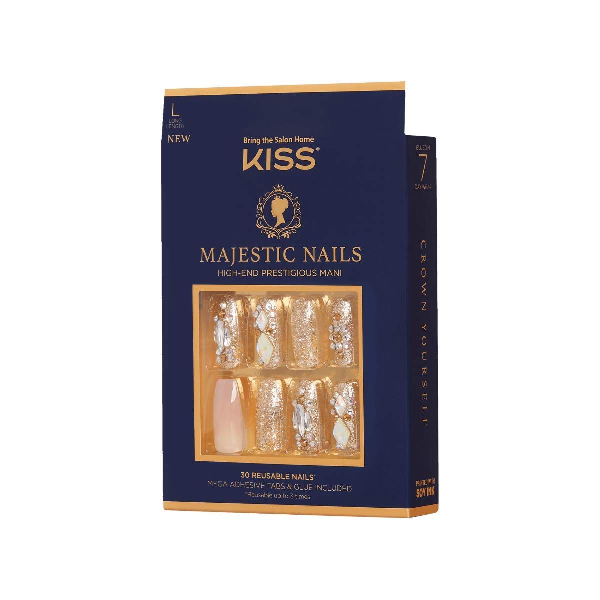 KISS Majestic Fake Nails, ‘My Crown’, High-End Gel Nails, 30 Reusable Long Length Coffin Shaped Glue-On & Press-On Jeweled Accent Glue On Nails