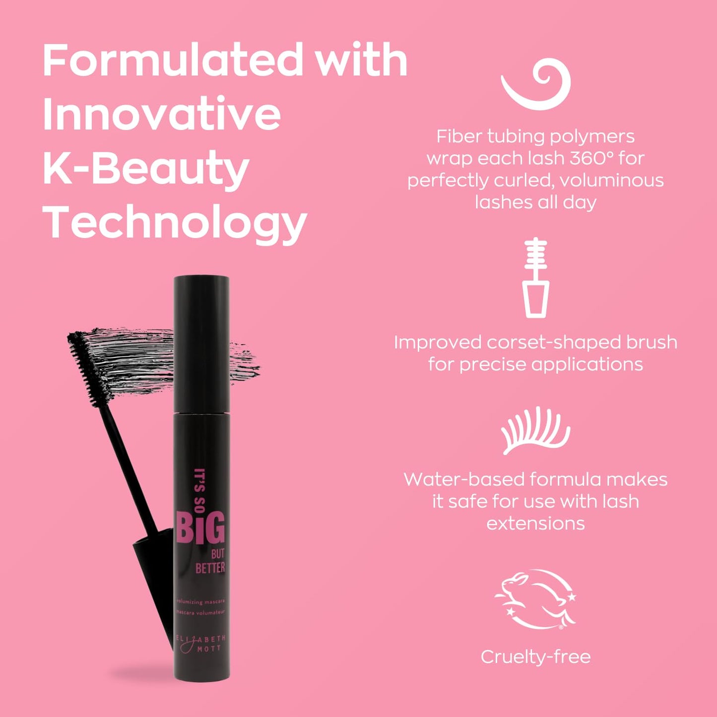 Elizabeth Mott Black Volumizing Mascara - Smudge-Proof, Lengthening Fiber Formula, Hourglass Wand - Clump-Free, Water-Resistant & Cruelty-Free - Safe