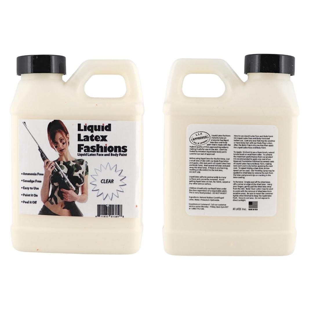 Clear 8 Oz - Liquid Latex Body Paint, Ammonia Free No Odor, Easy On and Off, Cosplay Makeup, Creates Professional Monster, Zombie Arts