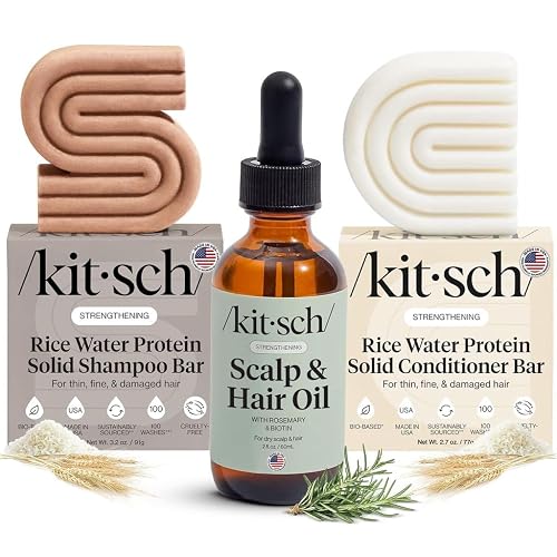 Kitsch Rice Water Shampoo and Conditioner Set + Pre-Wash Scalp Serum with Rosemary and Biotin - Shampoo and Conditioner Bar for Hair Growth & Scalp
