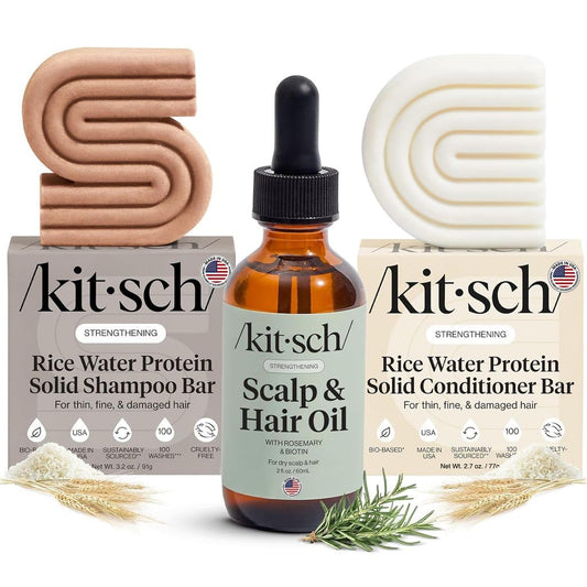 Kitsch Rice Water Shampoo and Conditioner Set + Pre-Wash Scalp Serum with Rosemary and Biotin - Shampoo and Conditioner Bar for Hair Growth & Scalp