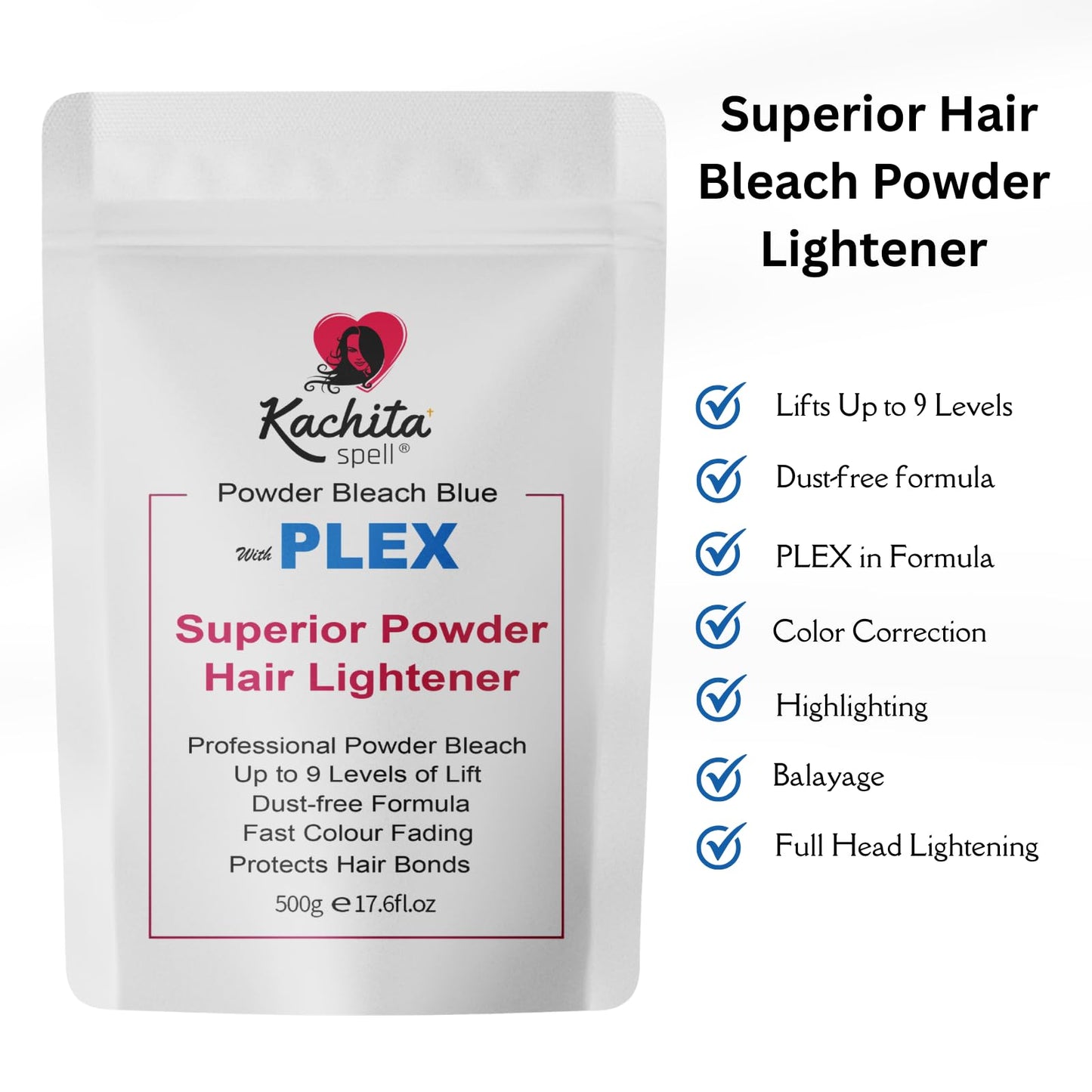 Kachita Spell Professional Blue Hair Bleach Lightener with Plex Technology, Up to 9 Levels of Lift Bleach Powder & Hair Decolorization for Highlights