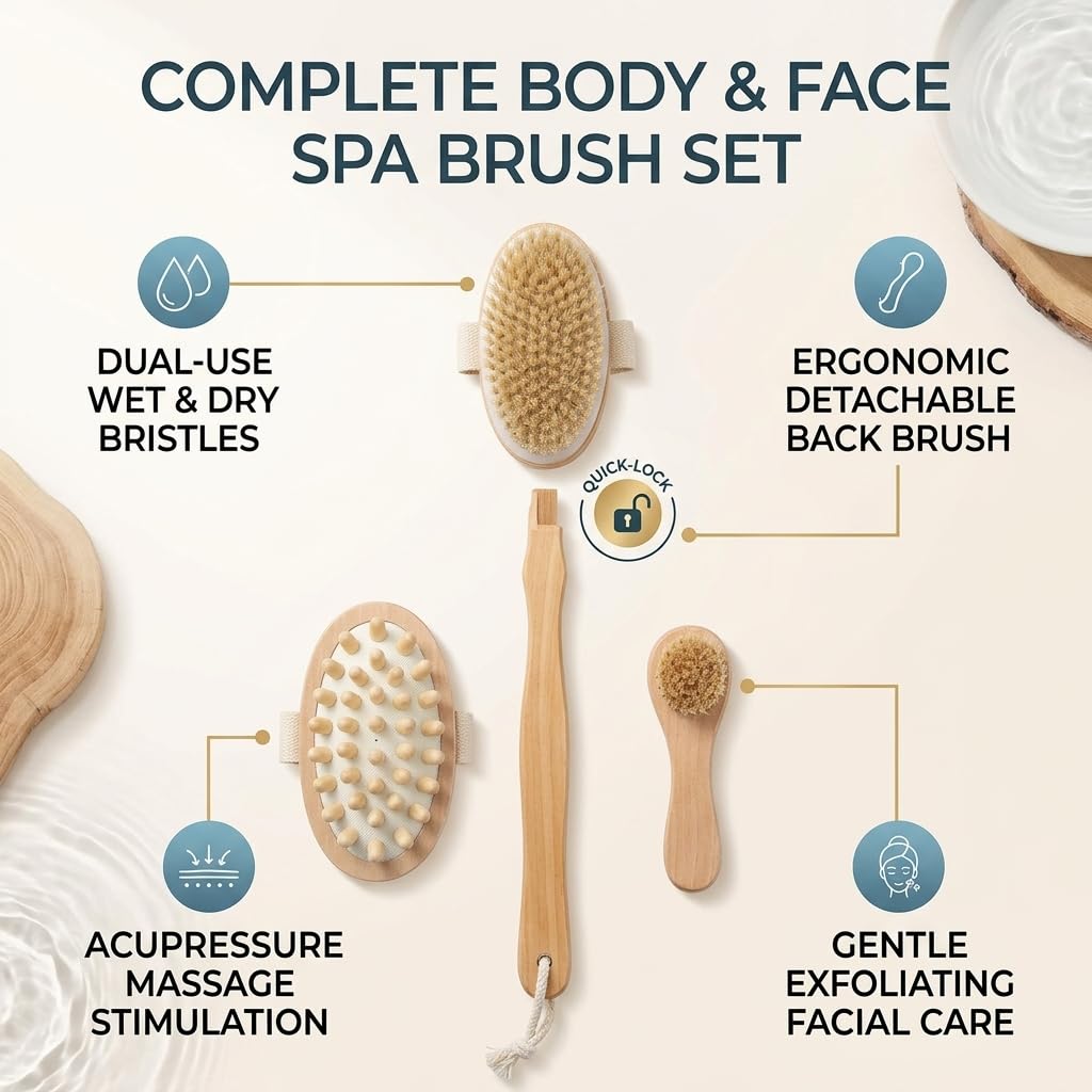 Vanttokeey Body Brush Set 3 in 1 Shower Back Scrubber with Long Handle Natural Bristle Dry Wet Exfoliating Bath Brush with Detachable Head for Deep Beauty and Personal Care Vanttokeey