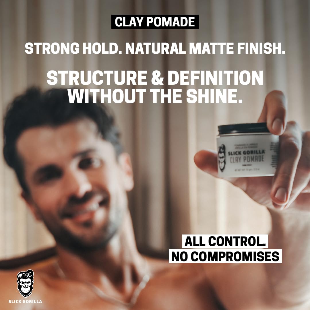 Slick Gorilla Clay Pomade for Men, 2.5 oz (75 ml), Firm Hold Hair Clay with Natural Matte Finish, Non-Greasy Men’s Hair Pomade for Textured, Wavy