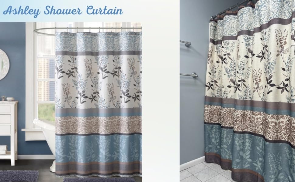 Serafina Home Hotel Quality Fabric Bathroom Shower Curtain: Farmhouse Floral Bordered Damask - Light Blue, Beige, and Grey (72 x 70 inches)