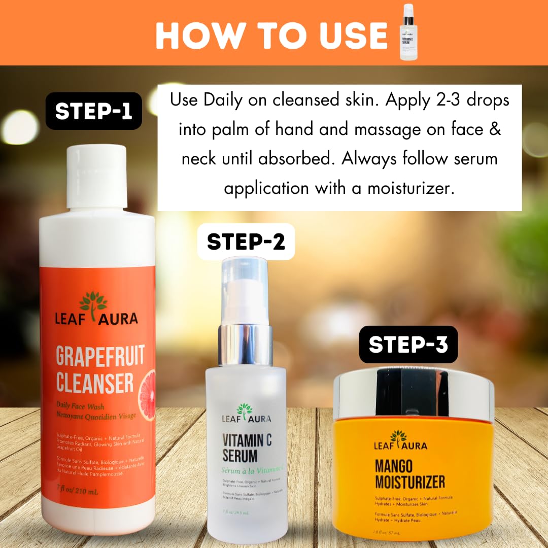 Leaf Aura Vitamin C Serum, Sulphate-Free, Organic+ Natural Formula, Brightens Uneven Skin, Made In Canada, 29.5ml