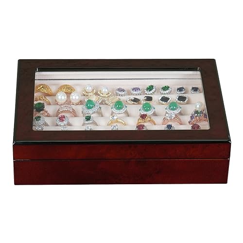 SYENS Wooden Ring Box Earring Storage Box Jewelry Organizer for Women, Top Glass Window - Magnet Closure, Men's Cufflink Box At Least for 24 pairs…