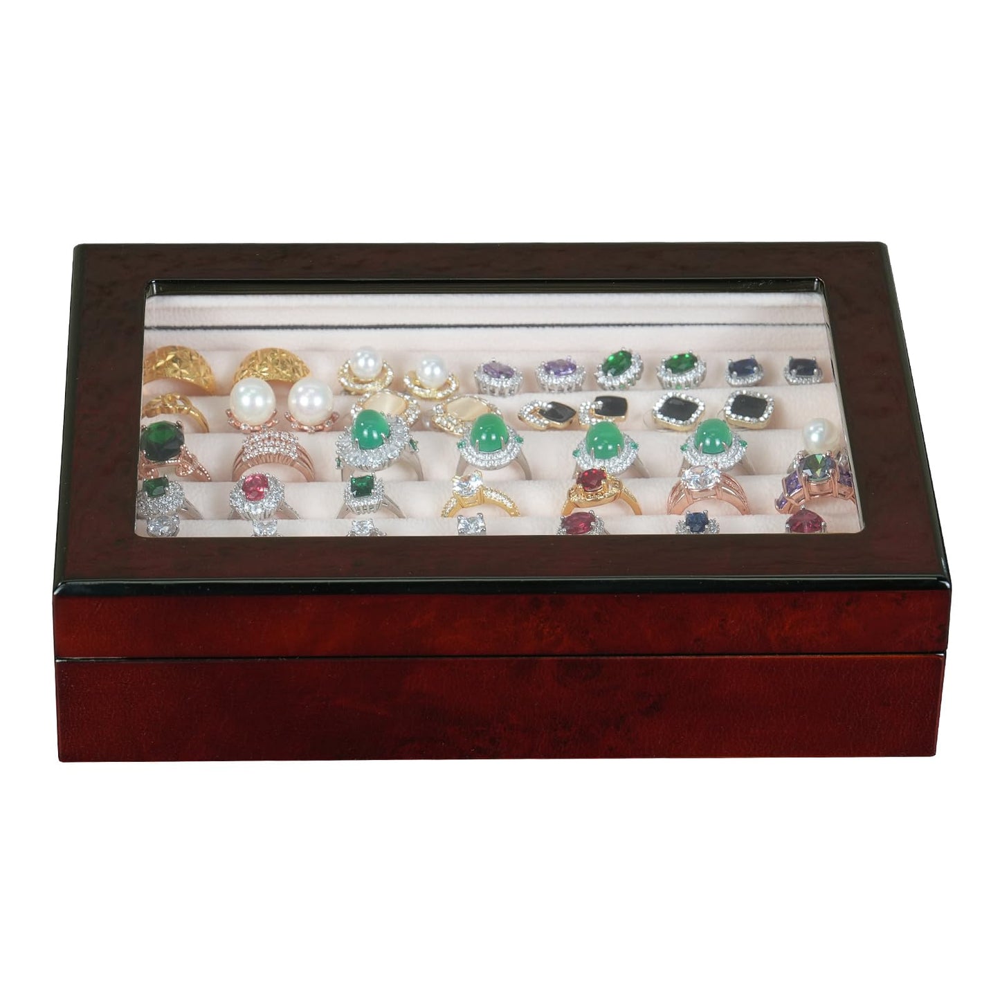 SYENS Wooden Ring Box Earring Storage Box Jewelry Organizer for Women, Top Glass Window - Magnet Closure, Men's Cufflink Box At Least for 24 pairs…