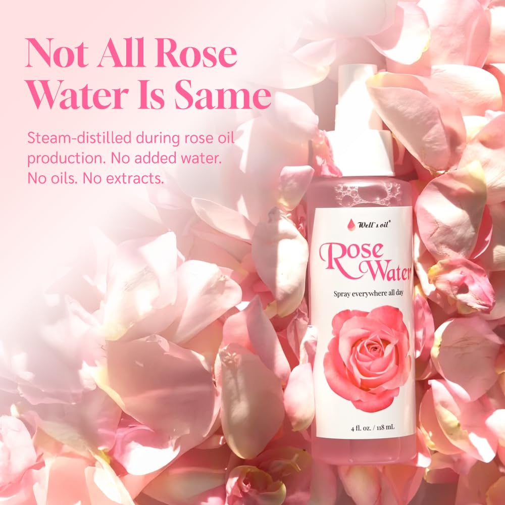 Well's Oil Rosewater Face & Hair Mist Spray (2 fl oz / 59 mL) | Floral Rosewater Hydrosol | Alcohol-Free