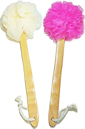 Shower Loofah Body & Back Scrubber - Exfoliating Loofah Bath Brush On a Stick - with Long Wooden Handle Back Brush for Men & Women - Easy Reach Body