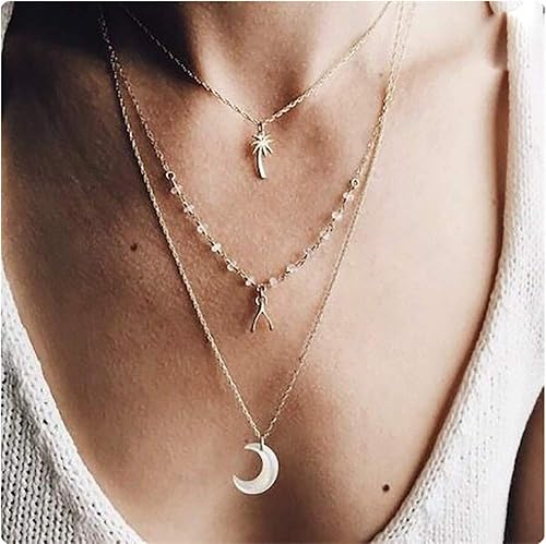 DoubleNine Boho Layered Necklace Crescent Pendant Charm Jewelry Retro Accessories for Women Girls