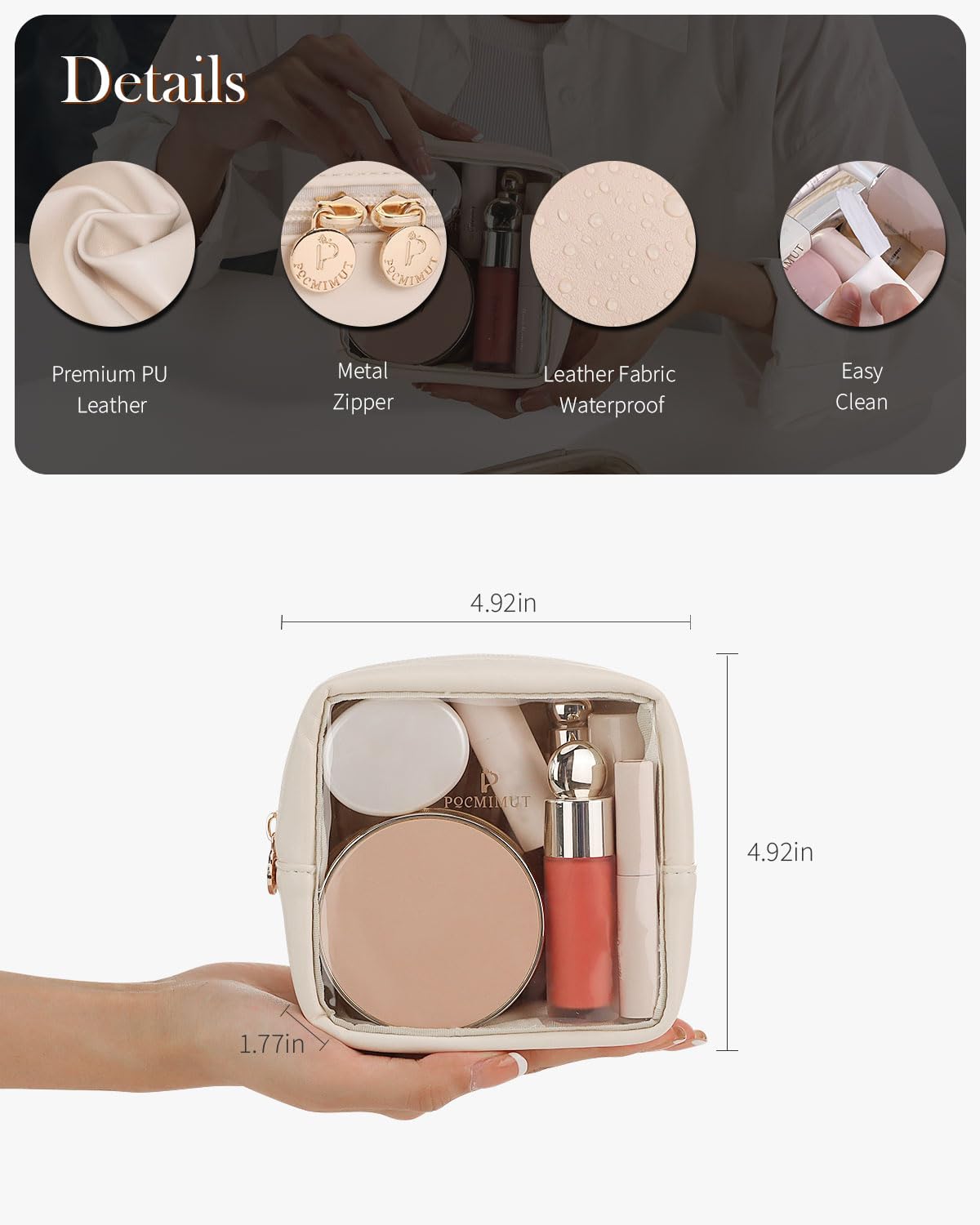 Pocmimut Mini Makeup Bag – Clear Travel Cosmetic Pouch, Toiletry Organizer for Women, Cute Purse & Car Accessories, Beige