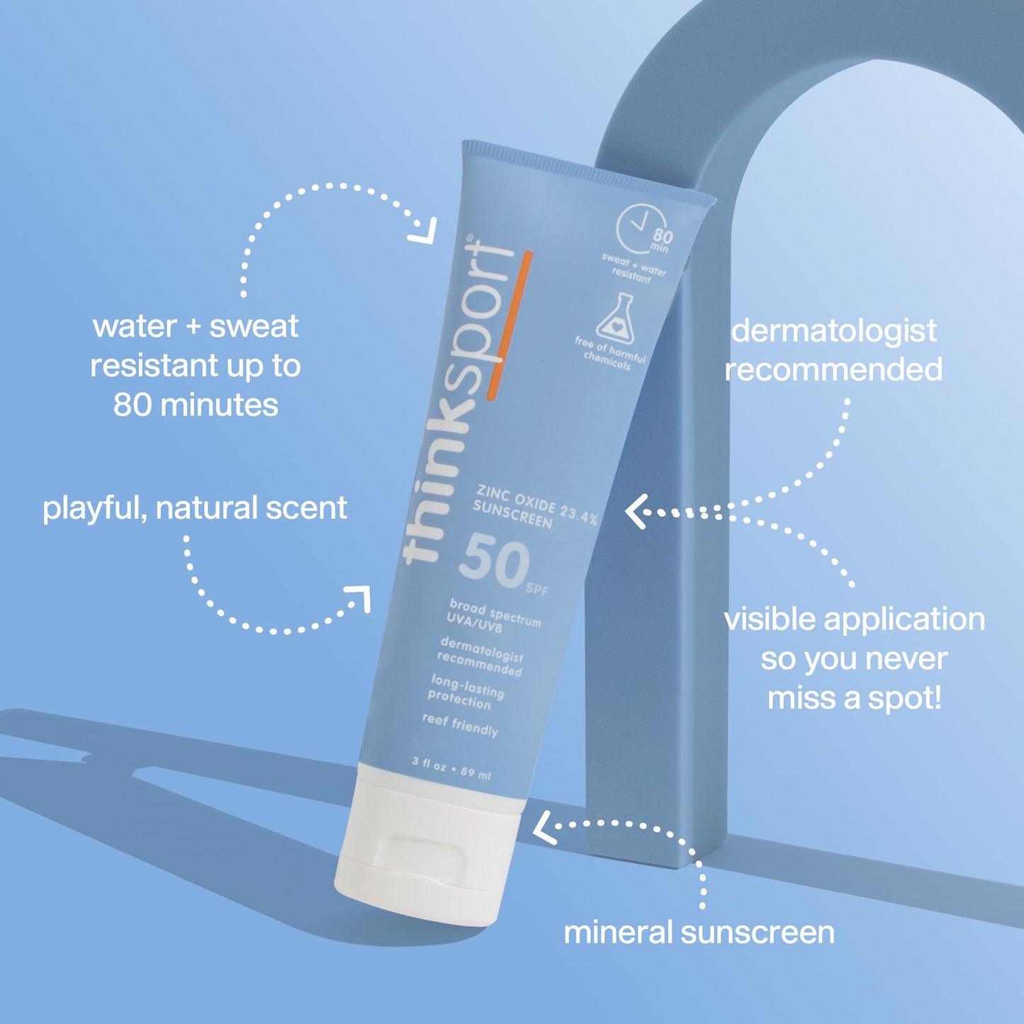 Thinksport SPF 50+ Mineral Sunscreen with Zinc Oxide, 3 Fl Oz - Safe, Natural Sunscreen Lotion for Sports & Active Use, Water Resistant Reef Safe