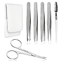 Precision Eyebrow Tweezers Set Pack of 6 for Women Ingrown Facial Hair Removal Pointed Tweezers Scissors Brush Kit for Splinter with Leather Case Gift