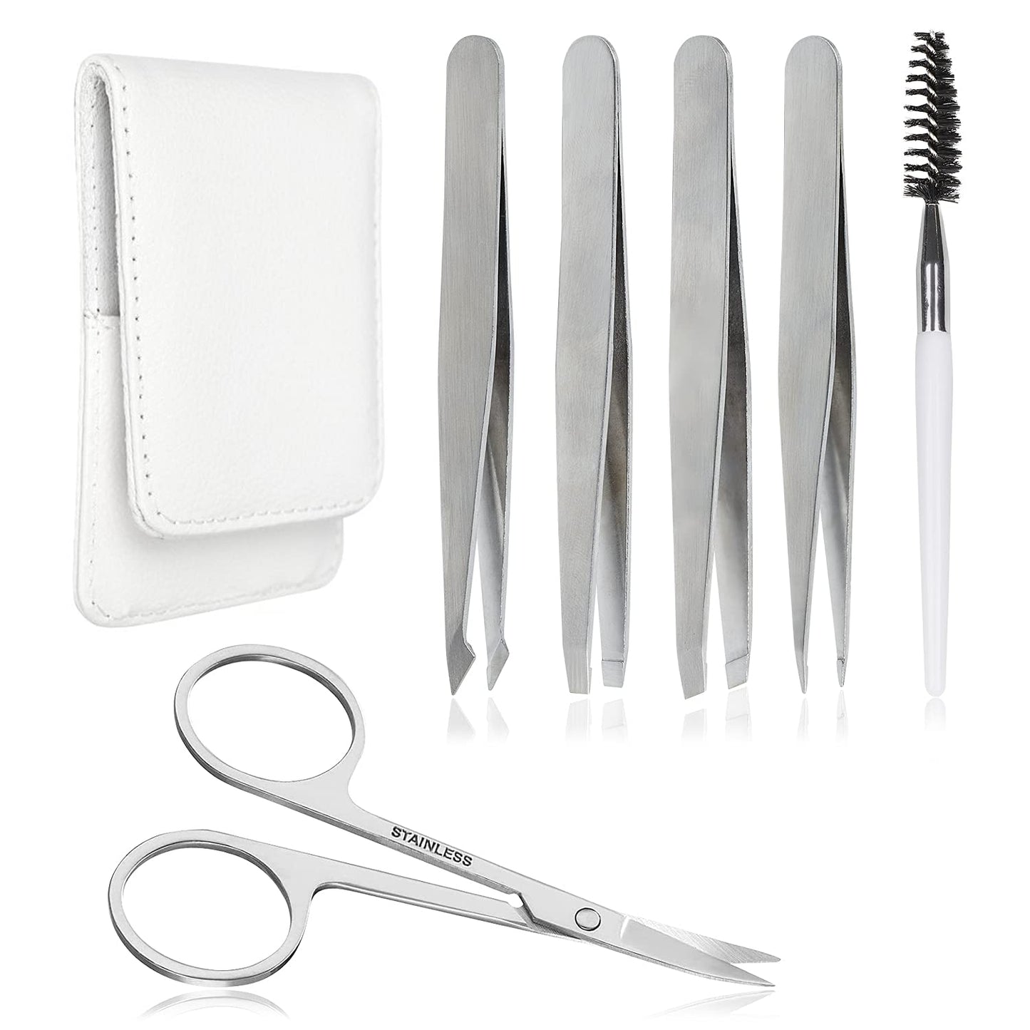 Precision Eyebrow Tweezers Set Pack of 6 for Women Ingrown Facial Hair Removal Pointed Tweezers Scissors Brush Kit for Splinter with Leather Case Gift