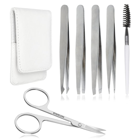 Precision Eyebrow Tweezers Set Pack of 6 for Women Ingrown Facial Hair Removal Pointed Tweezers Scissors Brush Kit for Splinter with Leather Case Gift