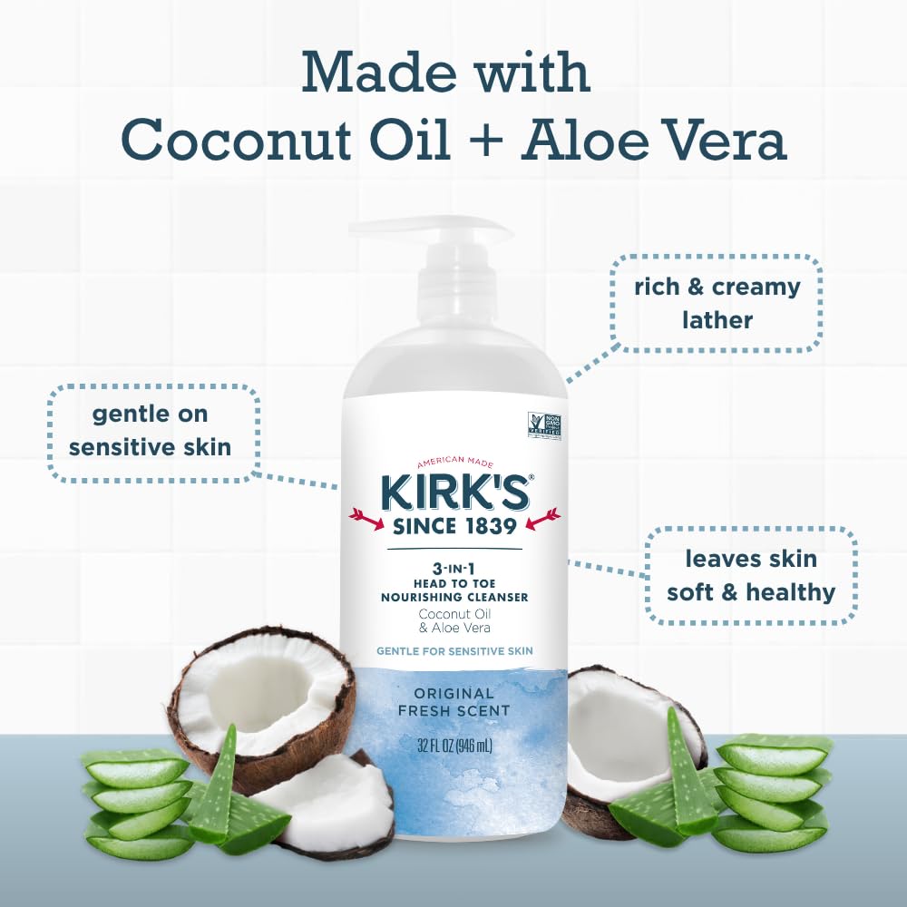 Kirk's Original Fresh 3-in-1 Nourishing Cleanser and Travel Bar Soap, Shampoo Body Wash Bubble Bath, Coconut Oil and Aloe Vera, Vegan Non-GMO, 32 Fl