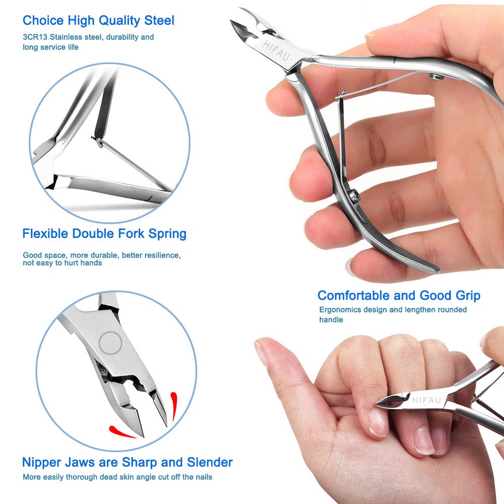 HIFAU Professional Cuticle Nippers Kit, Cuticle Trimmer with Cuticle Pusher & Other Durable Nail Care Manicure Kit for Women, Premium Stainless Steel