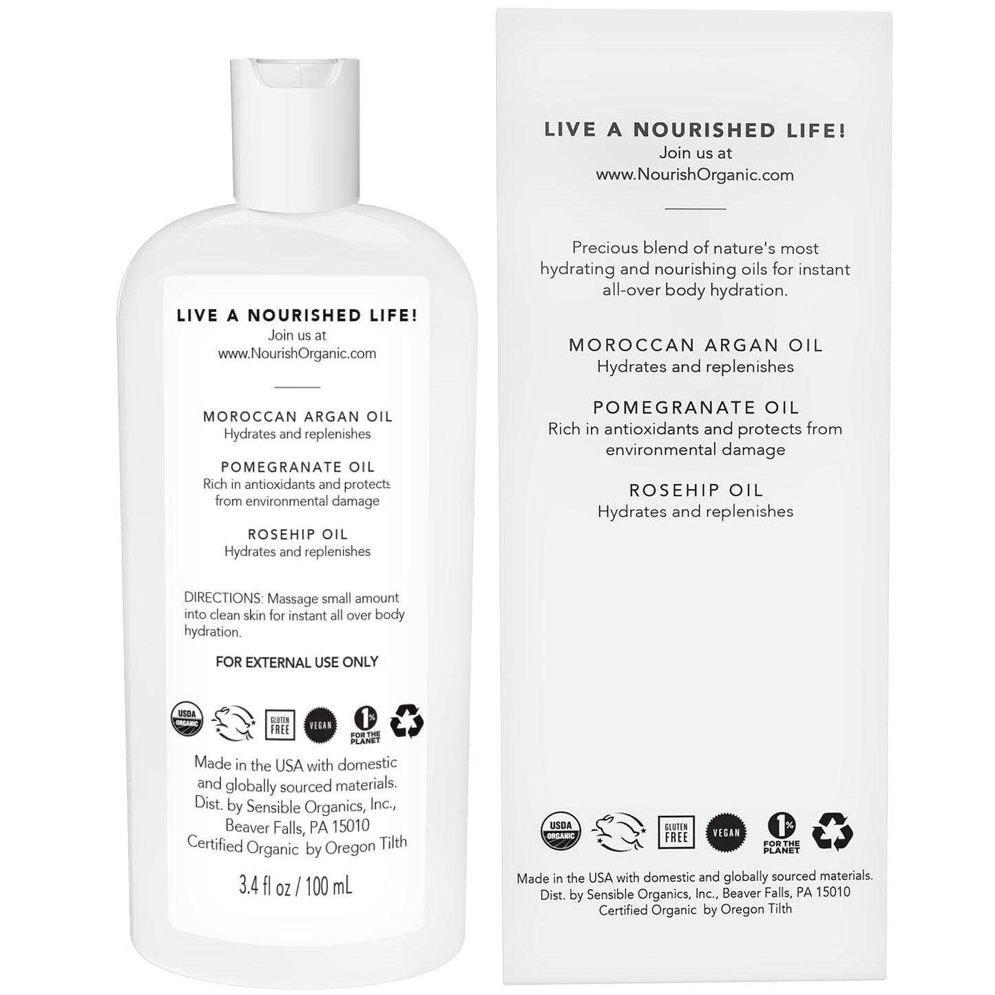 Nourish Organic Beauty Oil - Replenishing Body Oil with Moroccan Argan Oil, Pomegranate, Rosehip Oil & Vitamin E, 3.4 Oz + Washable Cotton Round.