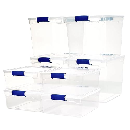 HOMZ Secure Latch, Clear Plastic Storage Organizer Bins, 31 Quart (4-Pack) & 15.5 Quart (4-Pack), Blue Latches - Stackable Organizing Containers…