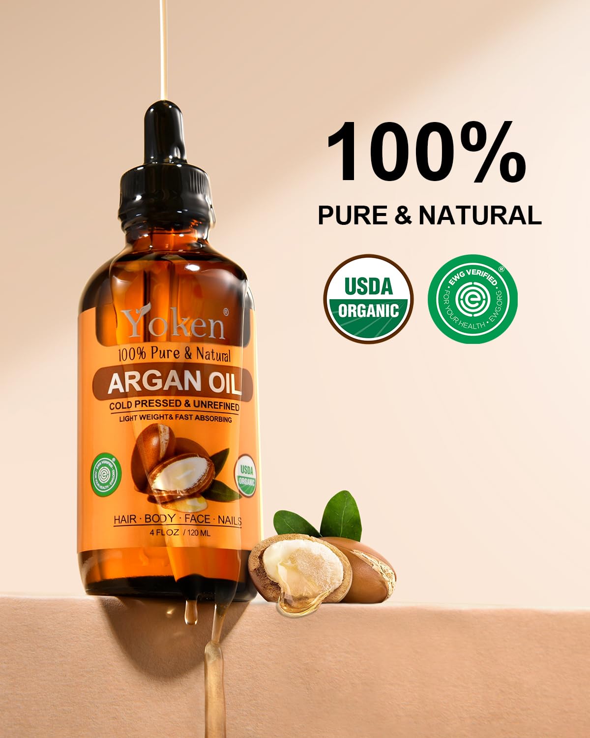 Yoken USDA Argan Oil 4oz, Cold Pressed Oil with Dropper for Hair Scalp Face Beauty and Personal Care Yoken