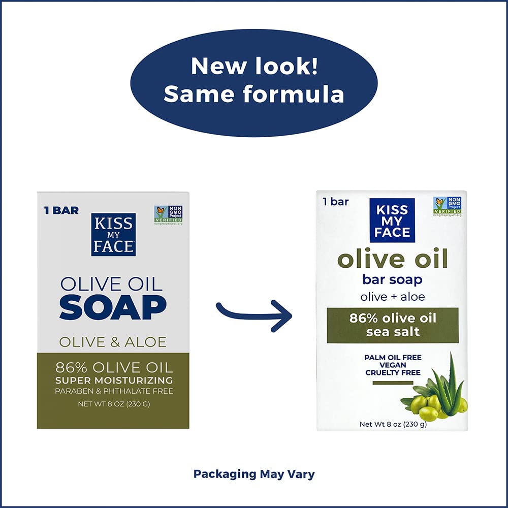 Kiss My Face Pure Olive Oil Soap with Aloe Vera, Moisturizing Bar Soap, 8 oz Bars, Olive & Aloe, 64 Ounce, 8 Pack (Packaging May Vary) Beauty & Personal Care Kiss My Face