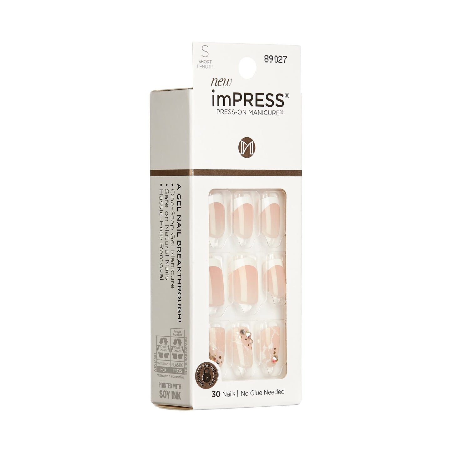 KISS imPRESS No Glue Mani Press On Nails, Design, 'My Worth', White, Short Size, Squoval Shape, Includes 30 Nails, Prep Pad, Instructions Sheet, 1
