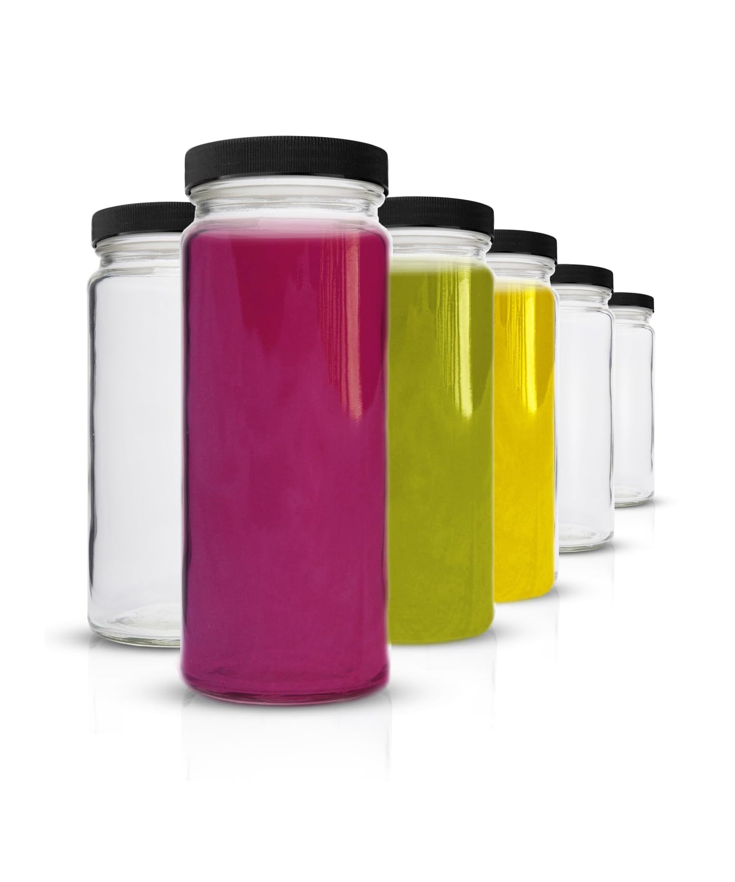 All About Juicing Clear Glass Water Bottles Set - 6 Pack Wide Mouth with Lids for Juice, Smoothies, Beverage Storage - 16 oz, Durable, Reusable