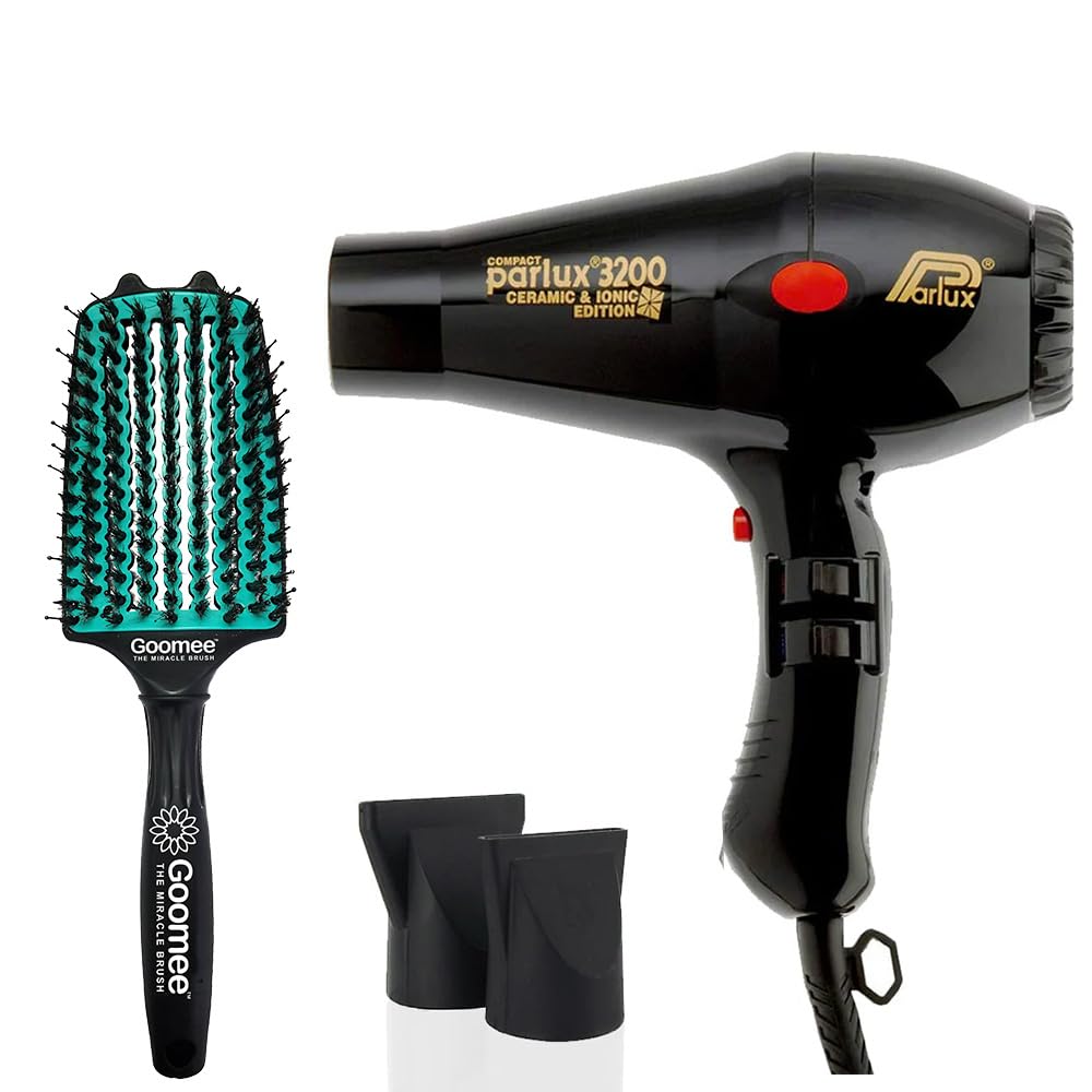 Parlux 3200 Compact Ceramic and Ionic Black Hair Dryer and Miracle Large Detangling Brush Mint Green Nylon Boar Bristles