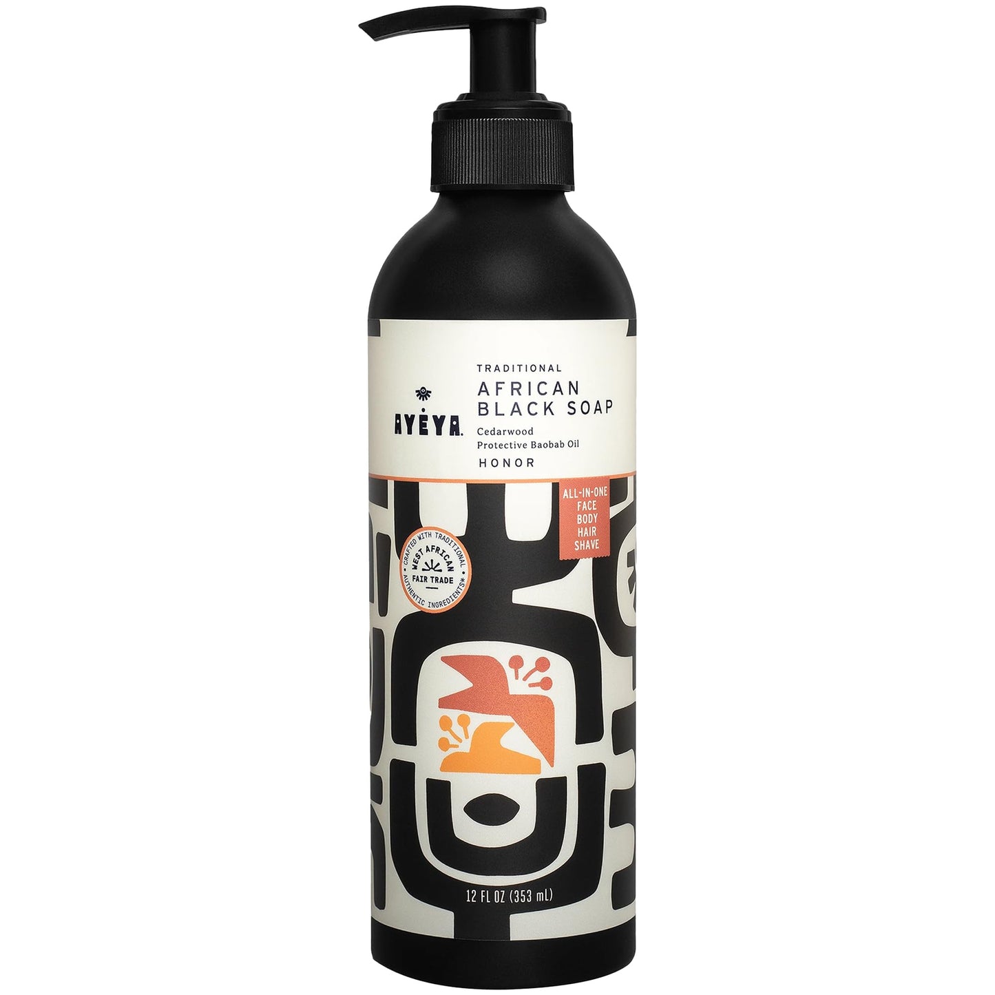 AYÉYA Liquid African Black Soap - Honor | Cedarwood, Patchouli & Moringa | Firming Face & Body Wash for Mature, Textured & Aging Skin | Anti-Aging