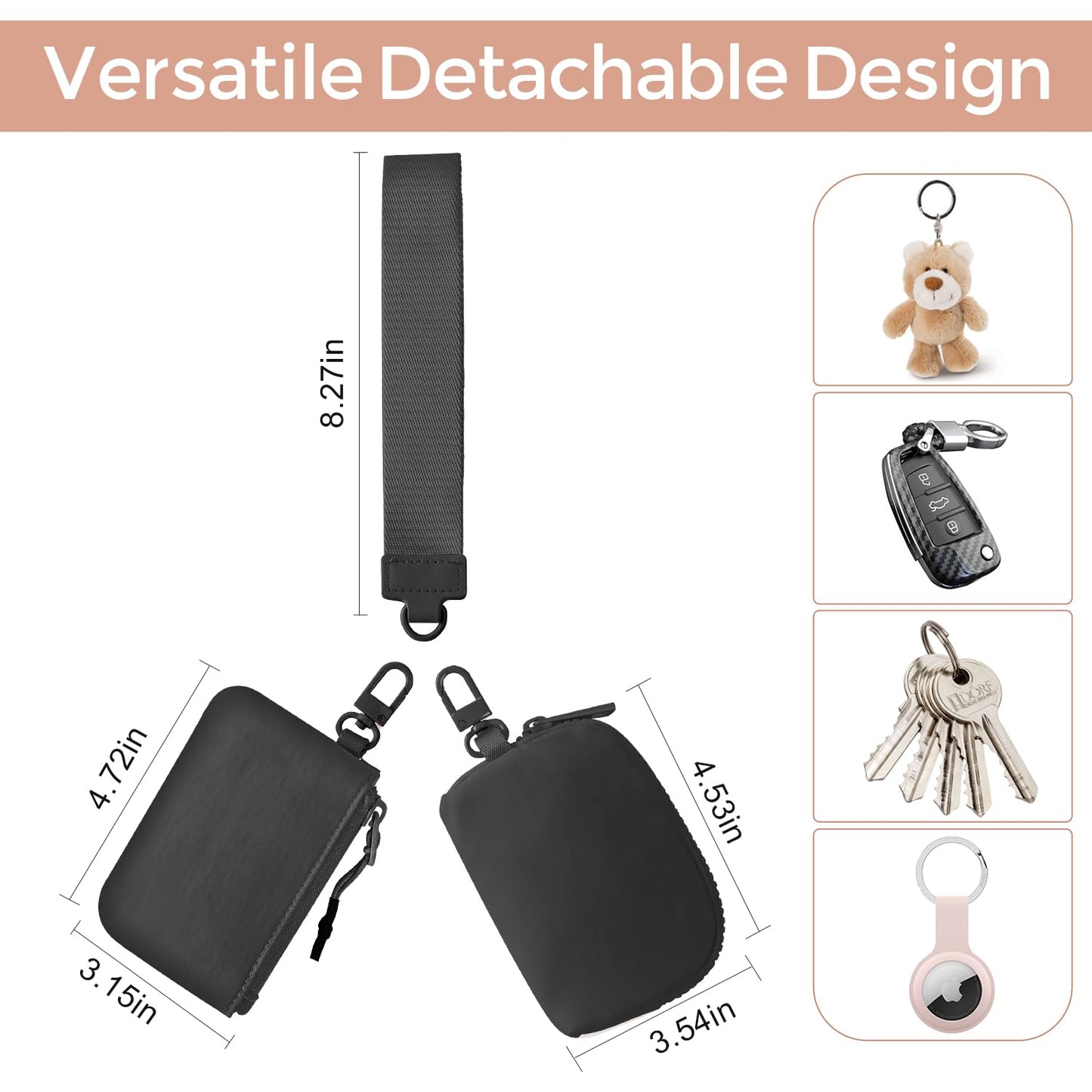 Jeeburyee Dual Pouch Wristlet Keychain Wallets For Women With 2 Detachable Zipper Coin Purse - Small And Portable Mini Card Wallet Men Black+Black