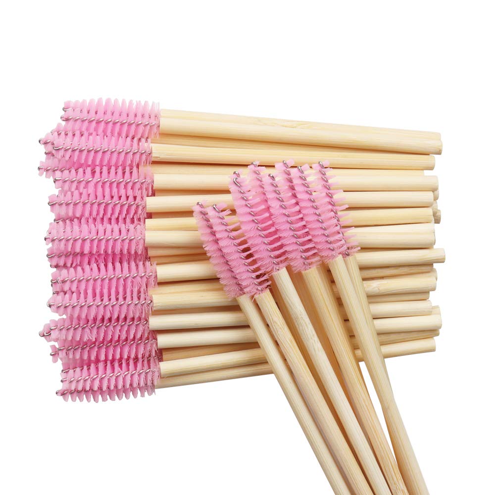 Mekupeu Mekupeu 100 Pcs Disposable Mascara Wands Bamboo Spoolies Brush for Eyelash Extensions Spoolie Eyelash Lash Wand Applicator Makeup Kits, Pink