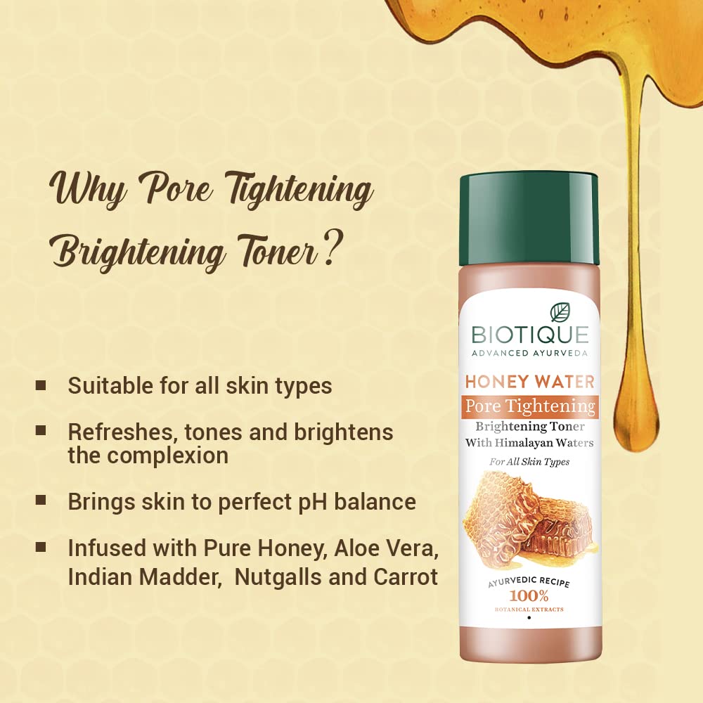 Biotique Bio Honey Water Clarifying Toner, 120ml (4.05 Oz.) I With Himalayan Water I All Skin Type I Blended With Pure Honey, Aloe Vera, Manjishtha