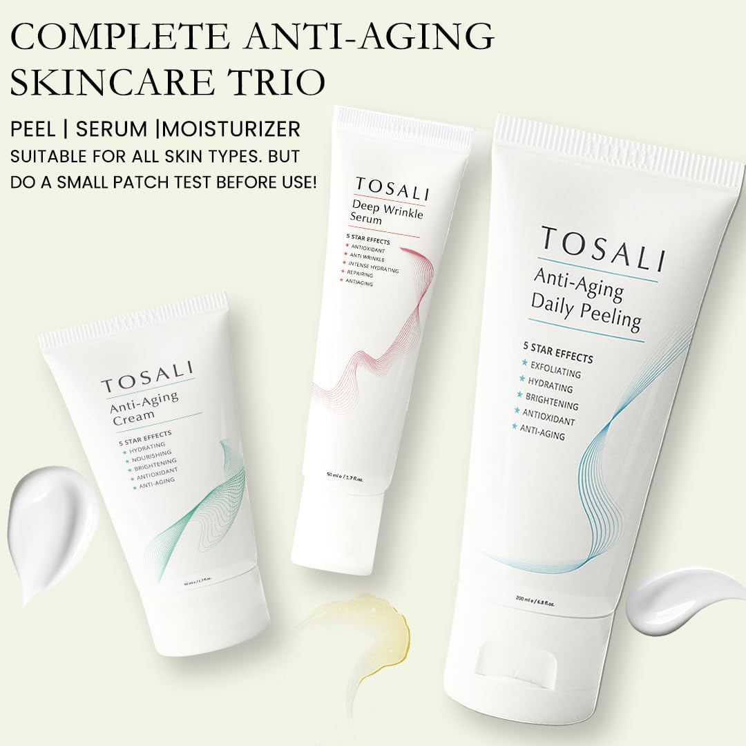 TOSALI Anti Aging Skincare Set - Daily Peeling Mask (6.8 oz), Deep Wrinkle Serum (1.7 fl oz) & Face Cream (1.7 oz) - Hydrating, Brightening, Wrinkle