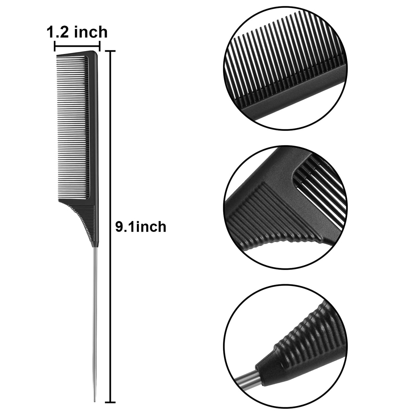 Leinuosen 3 Packs Rat Tail Comb Steel Pin Rat Tail Carbon Fiber Heat Resistant Teasing Combs with Stainless Steel Pintail (Black) Beauty and Personal Care Leinuosen