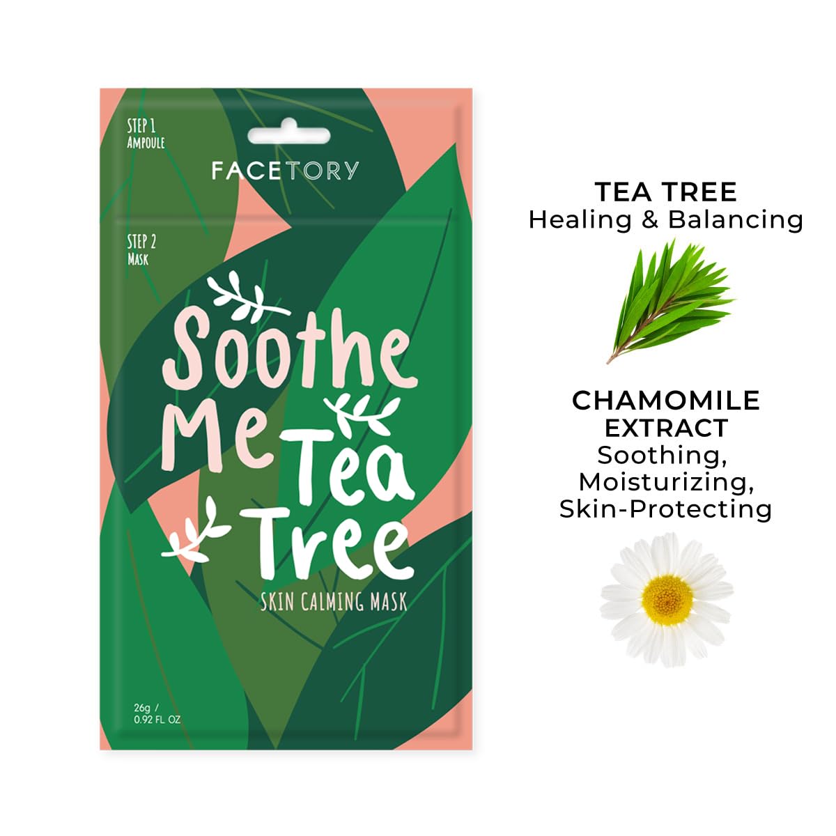 FACETORY K Beauty Face Mask Skin Care - Soothe Me Tea Tree 2-Step Sheet Mask with Tea Tree Extract & Chamomile + Soothing Ampoule | Skin Calming, Acne