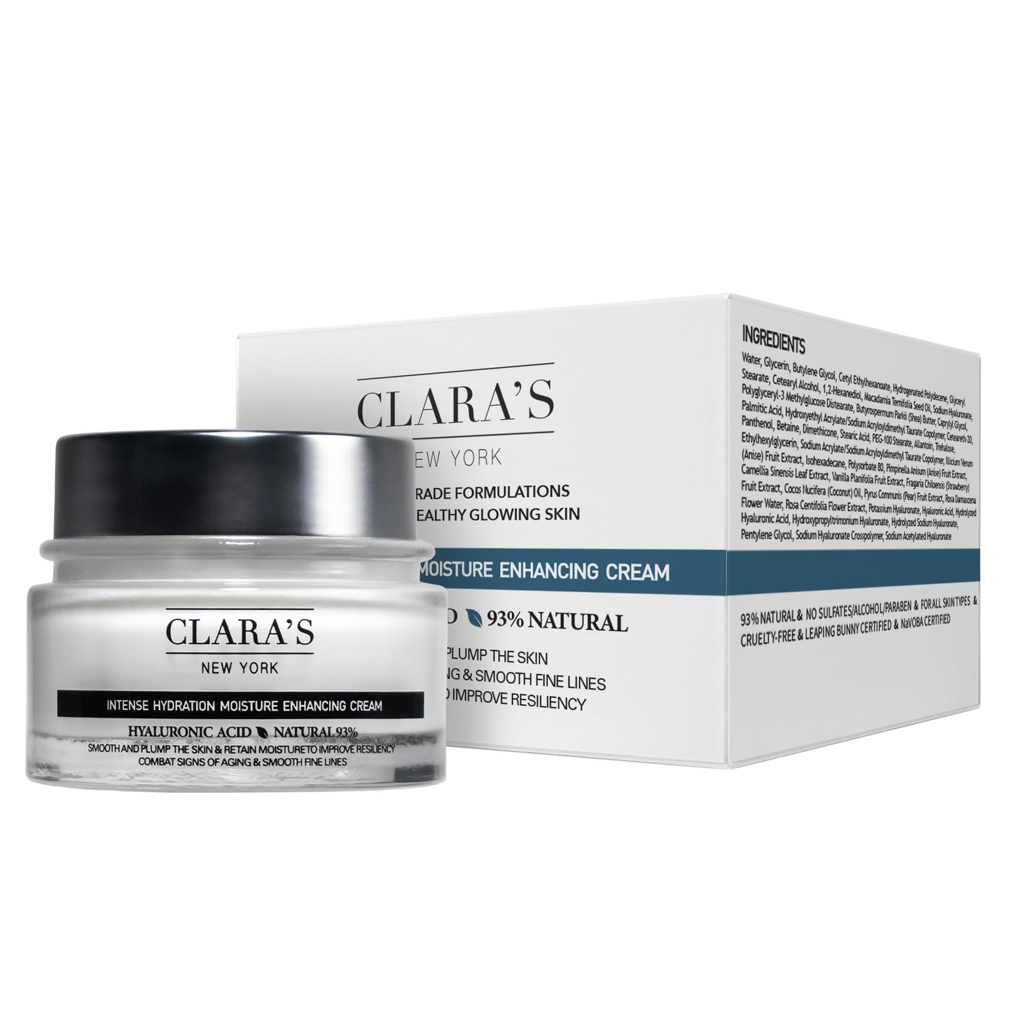 CLARA'S NEW YORK | Vegan Hyaluronic Acid Facial Cream | with Panthenol, Shea Butter | Intense Hydration Moisture Enhancing Smooth, Plump, Rich |