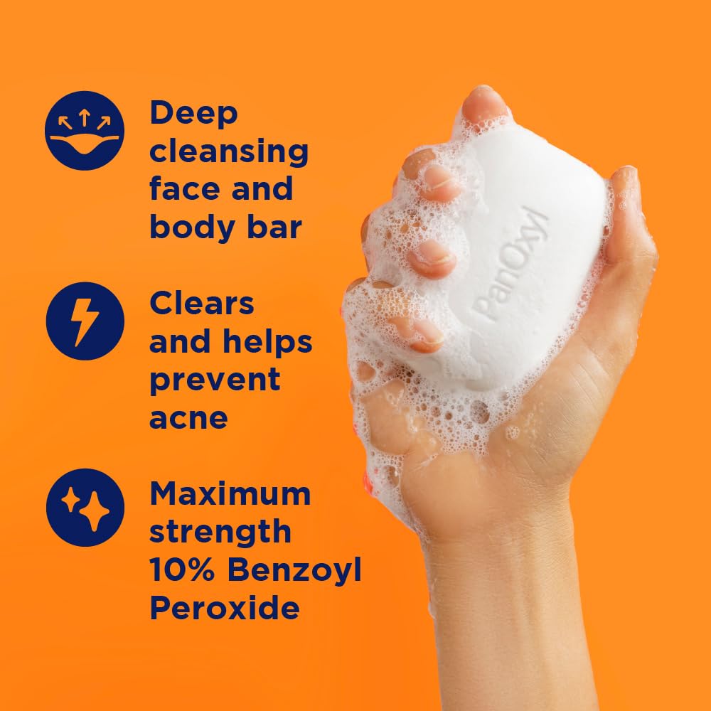 PanOxyl Acne Treatment Bar with 10% Benzoyl Peroxide, Maximum Strength Bar Soap for Face, Chest and Back, Benzoyl Peroxide Soap Body Wash, Vegan, Beauty and Personal Care PanOxyl