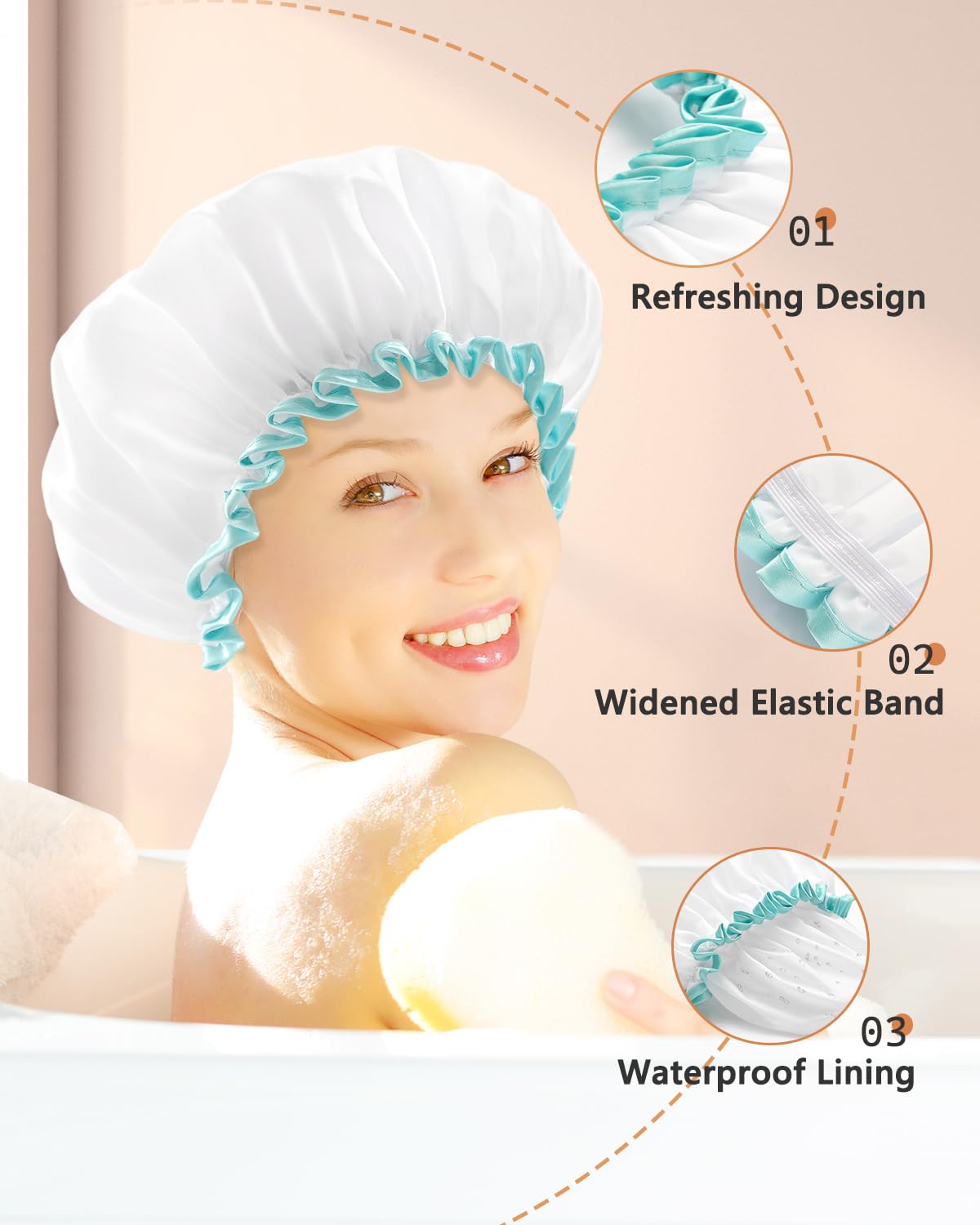 mikimini Shower Cap for Women and Girls,Reusable,Waterproof, Washable, Cute and Soft,White